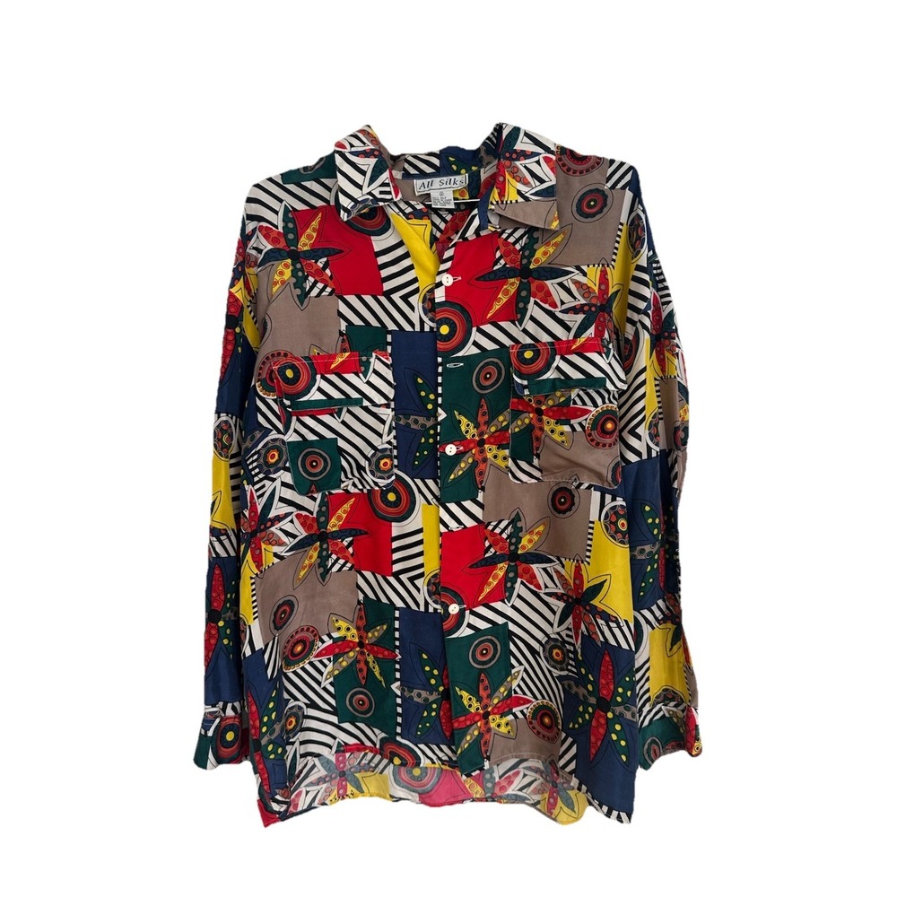 VTG 90s Abstract Silk Button Down Shirt Unisex Lg Sleeve Sz M